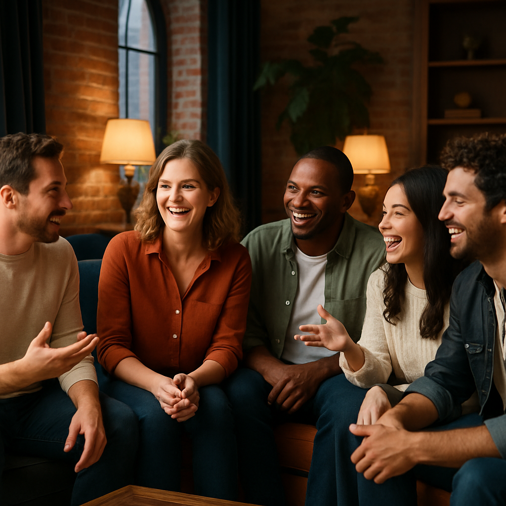 5 people in their 30s having a lively conversation in a lounge-1