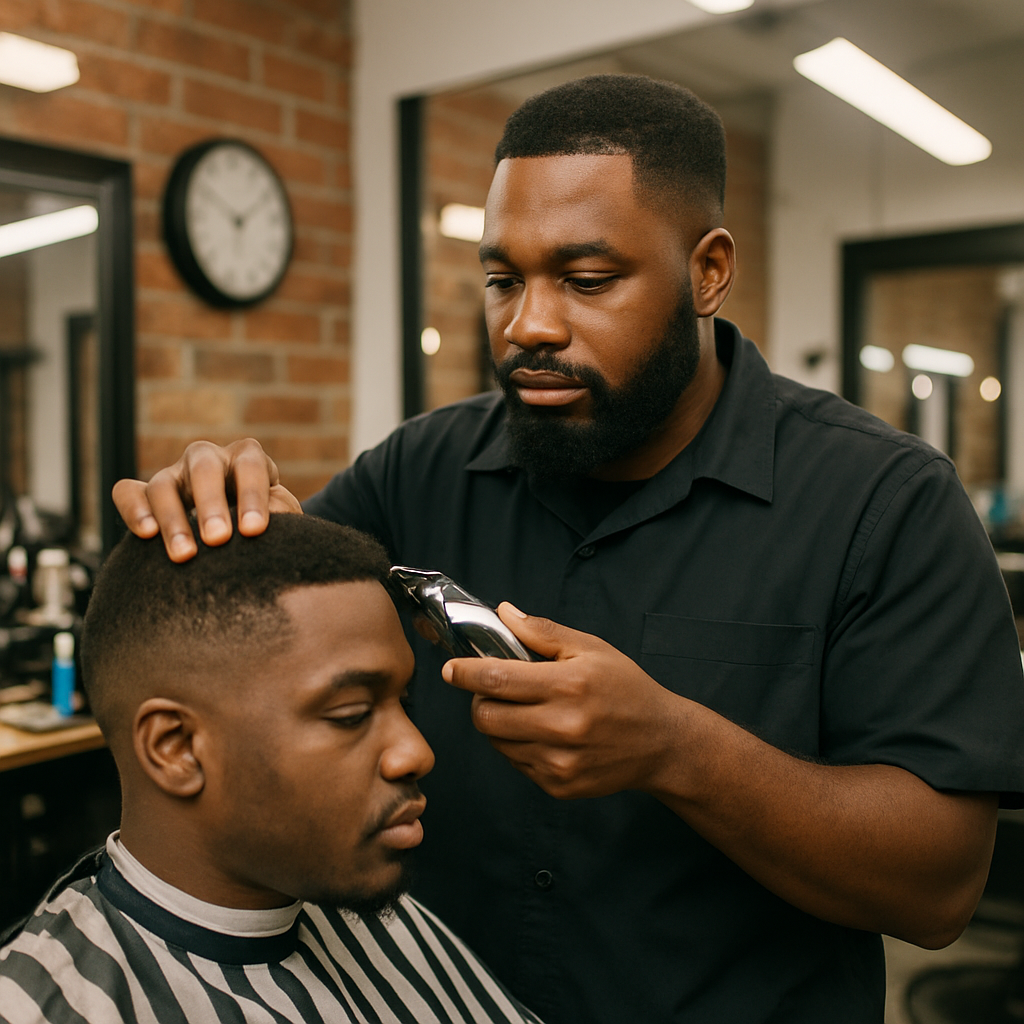 black barber in his shop trimming a clients hair