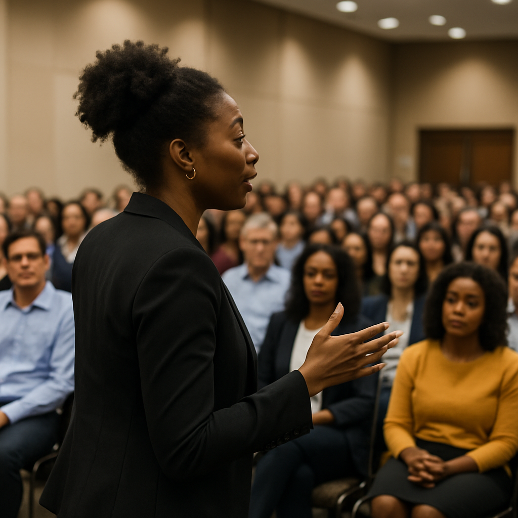 black woman speaking in front of a large seated audience at an indoor event