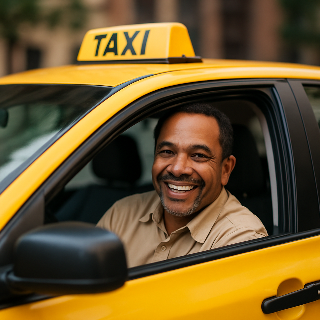 taxi driver smiling through their open car door window