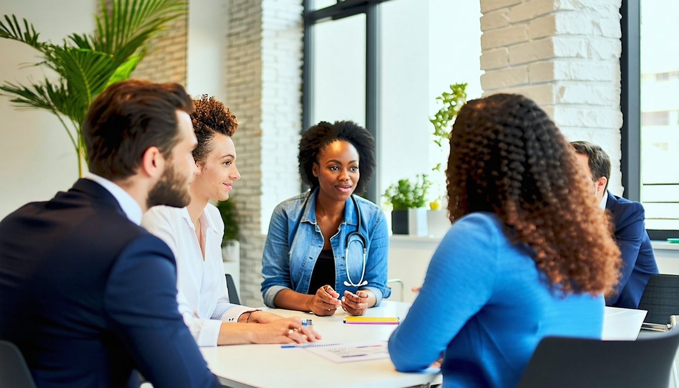 Group of independent professionals discussing health coverage options